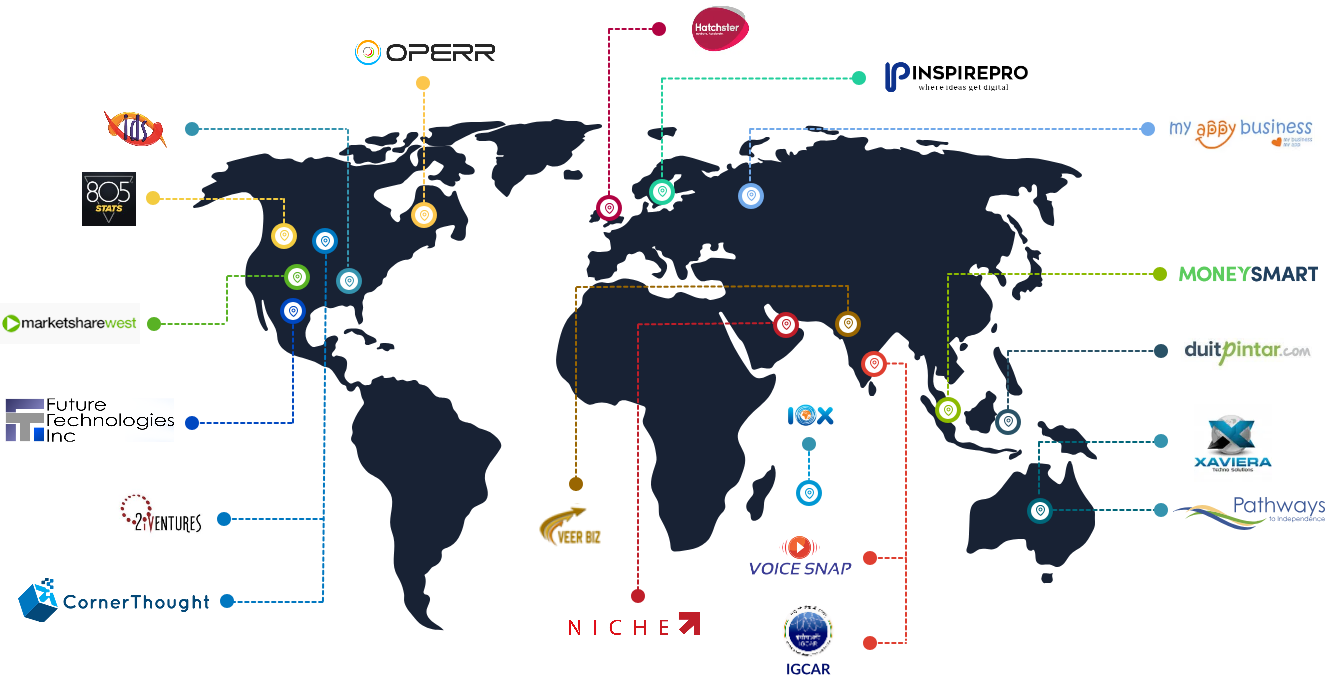 World map of Shenll clients: OPERR, Hatchster, InspirePro, myAppyBusiness, IDS, 805 Stats, MoneySmart, MarketShare West, DuitPintar, Future Technologies Inc, Xaviera Techno Solutions, 2iVentures, Pathways to Independence, CornerThought, Veer Biz, Niche Marketing Management, Voice Snap, IGCAR and IOX across North America, Europe, the Middle East, Asia, Africa and Australia