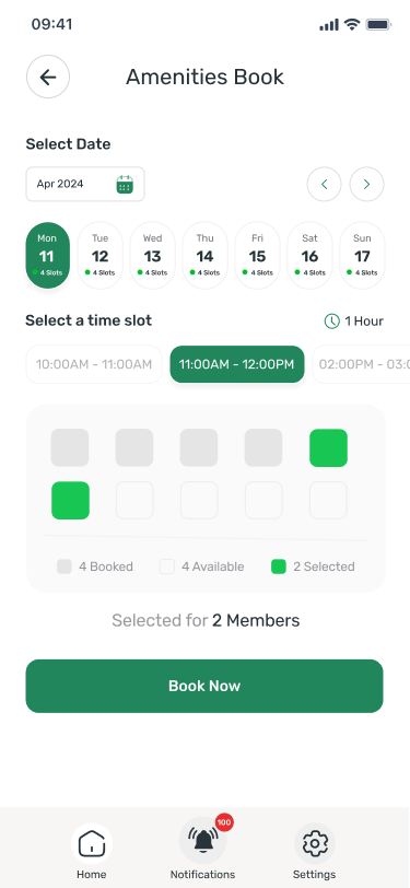 SHENGAMS resident app amenity booking with date, time slot, and member selection