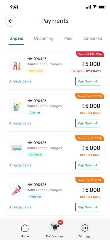 SHENGAMS resident app payments screen with unpaid maintenance invoices and pay now buttons