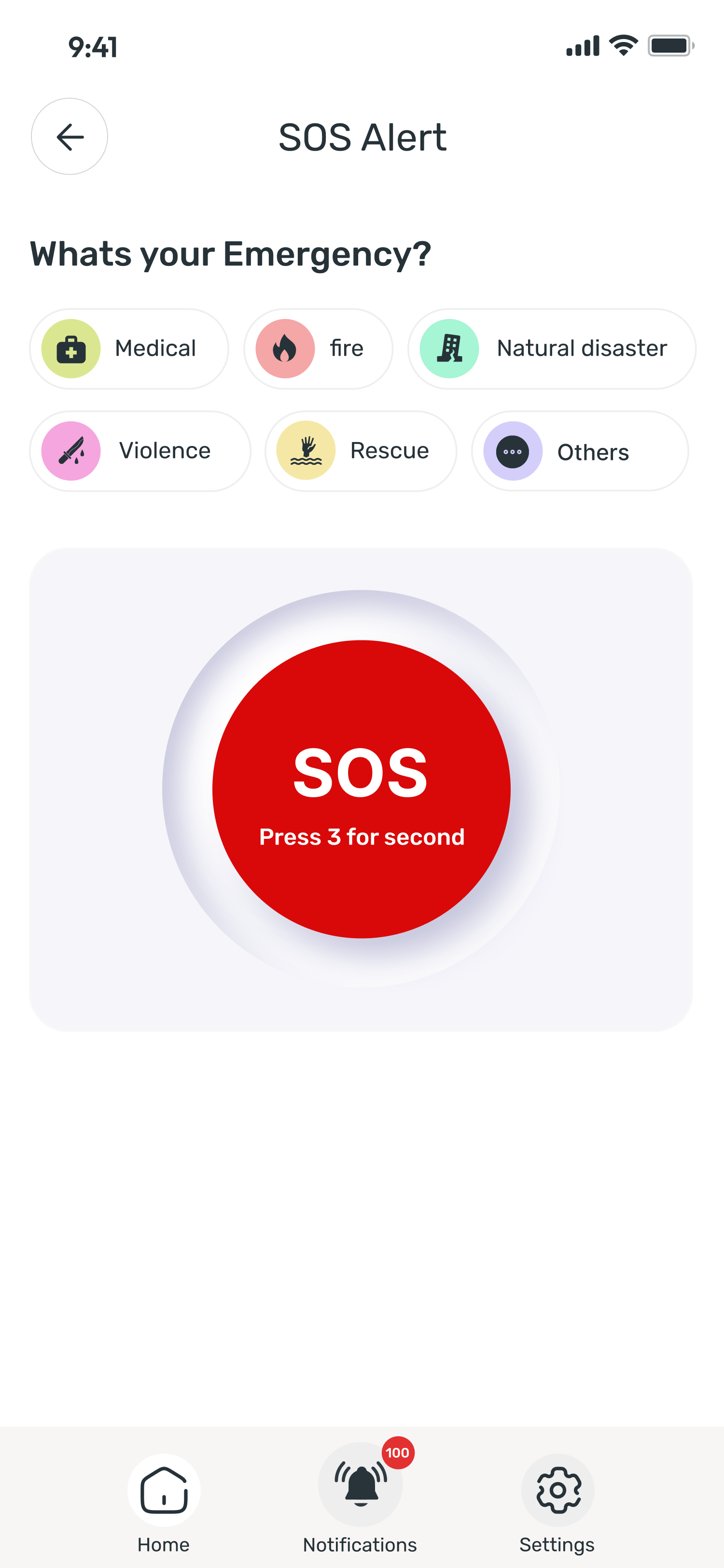 SHENGAMS resident app SOS alert screen with emergency categories and panic button