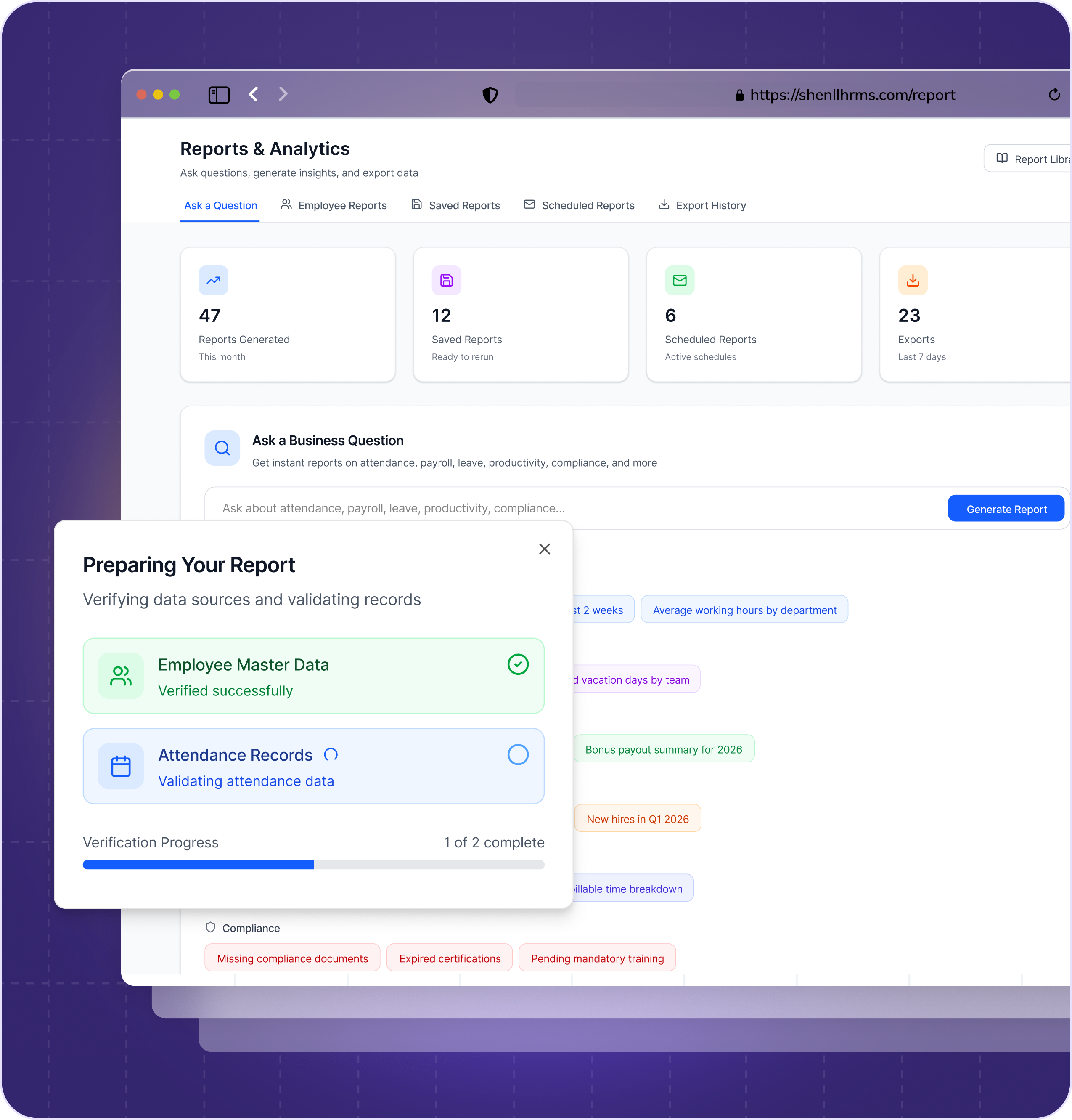 ShenllHRMS AI report generation verifying employee master data and attendance records before building a report