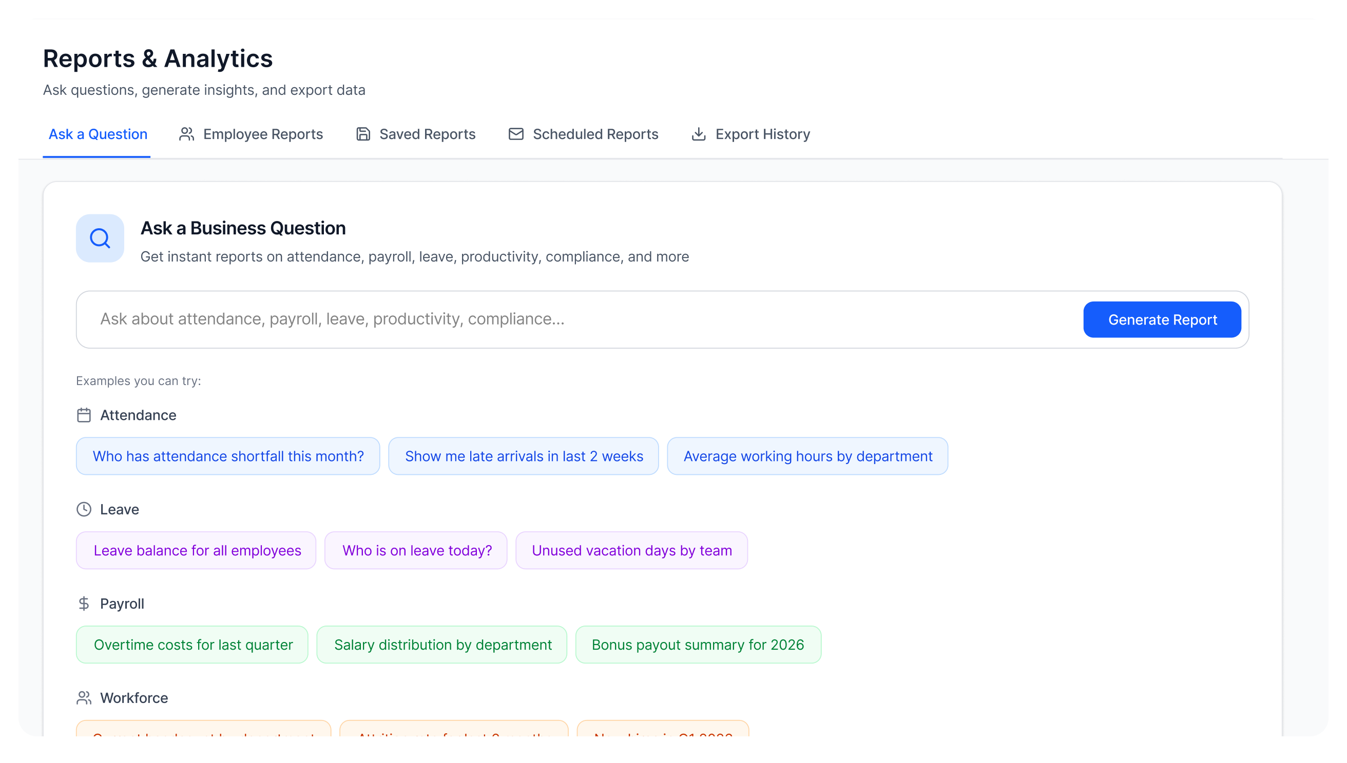 ShenllHRMS Ask a Business Question interface with example queries for attendance, leave, and payroll reports