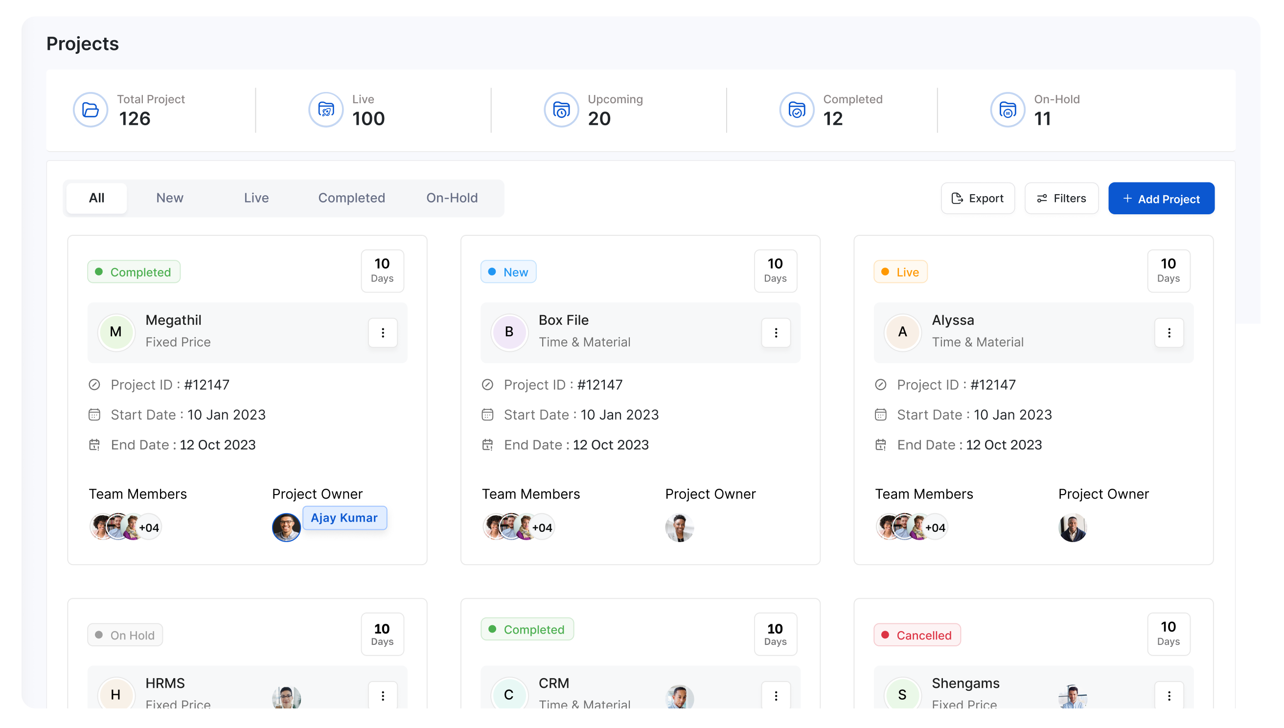 ShenllHRMS projects board with live, completed, and on-hold projects, team members and owners