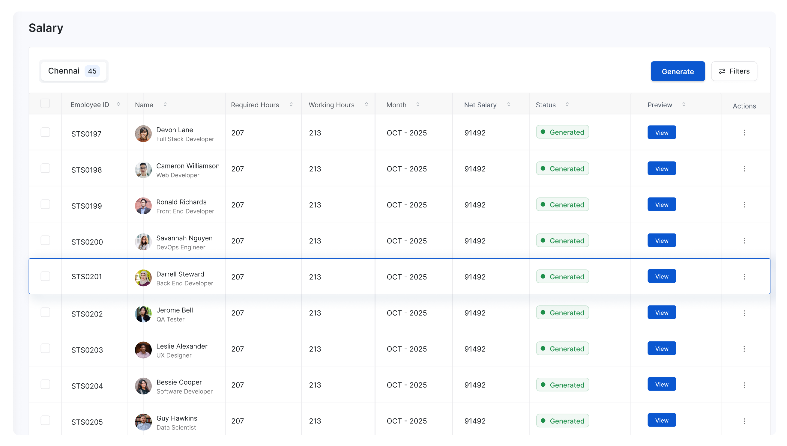 ShenllHRMS salary module generating October payroll for 45 Chennai employees with net salary and payslip preview